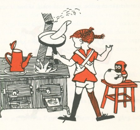 book illustration of Pippi Longstocking making a pancake
