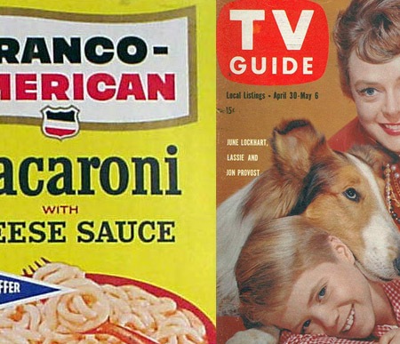 Macaroni and cheese label and June Lockhart TV guide cover
